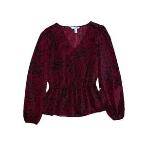 Nine West Dressy Peplum Top Womens Size XS Dark Red Black Animal Print Blouse